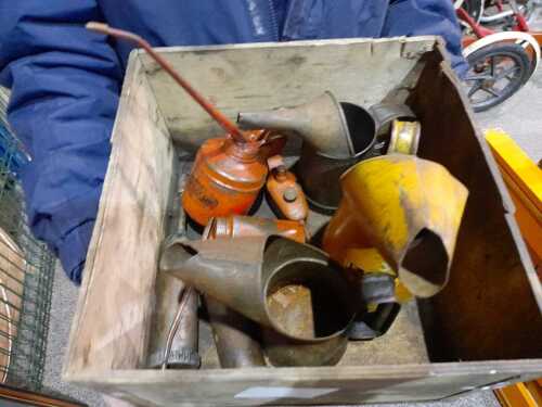 BOX OF JUGS,OIL CANS AND GREASE GUNS