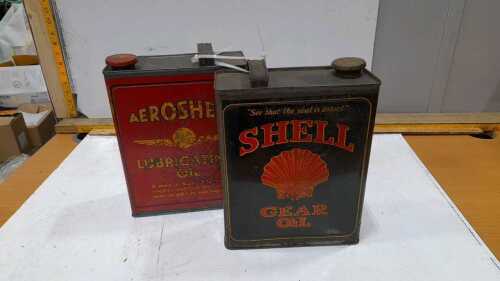 2X SHELL OIL TINS, AEROSHELL LUBRICATING AND SHELL GEAR OIL