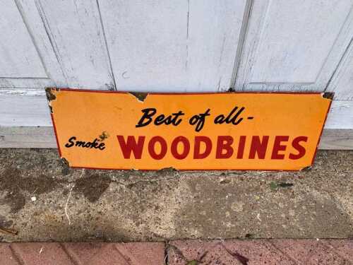 SMOKE WOODBINES ENAMEL SIGN 8" X 24"