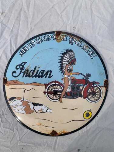 INDIAN MOTOR BIKE ENAMEL SIGN 12" DIA